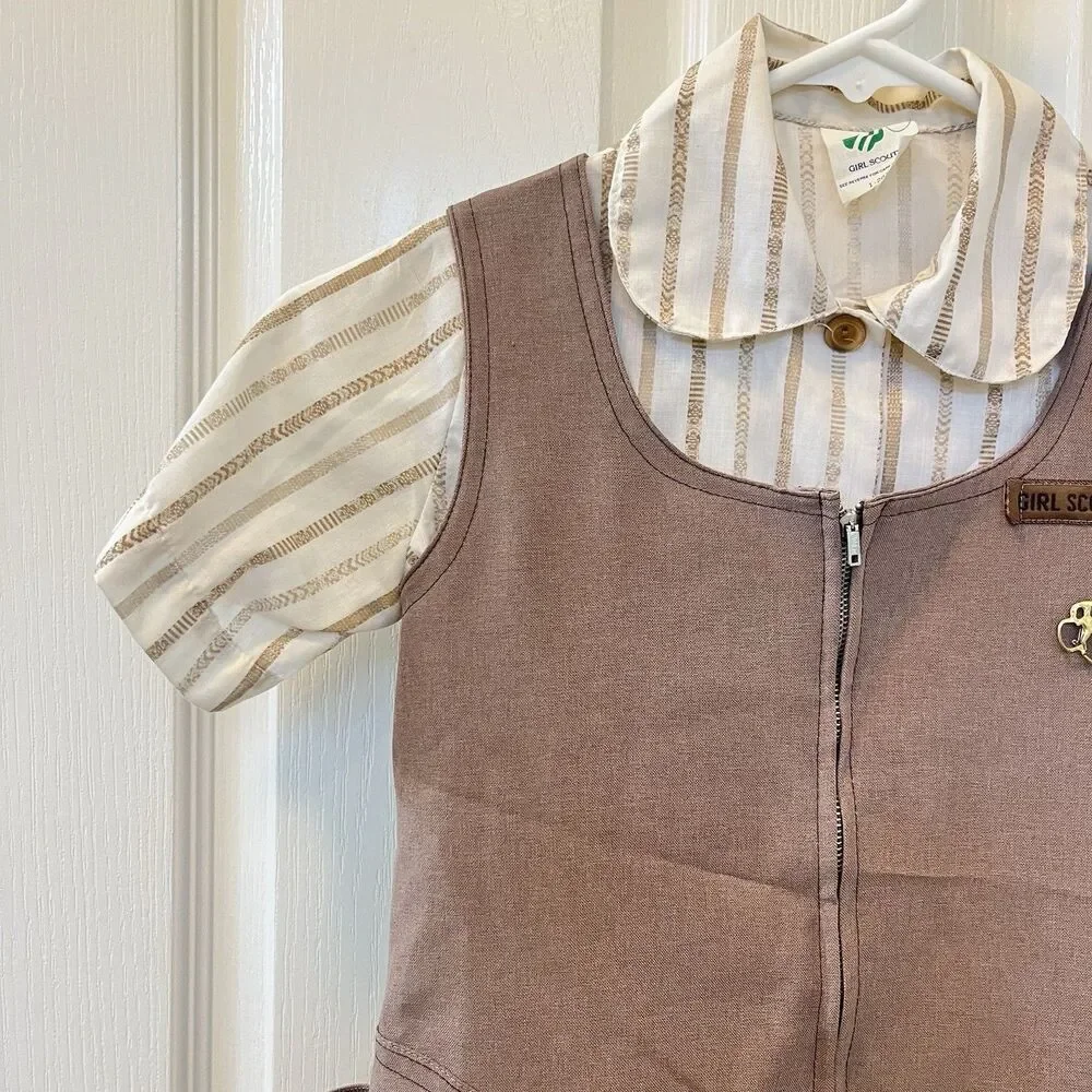 Vintage Girl Scouts Brownie Uniform Jumper Dress and Blouse Pin Set Girls Size 7